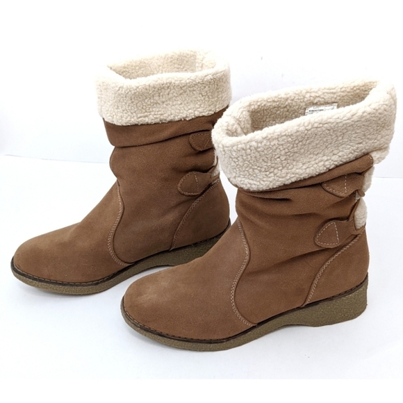 land's End Chalet Cognac Suede Leather Faux Fur Boots 7D - Picture 2 of 10